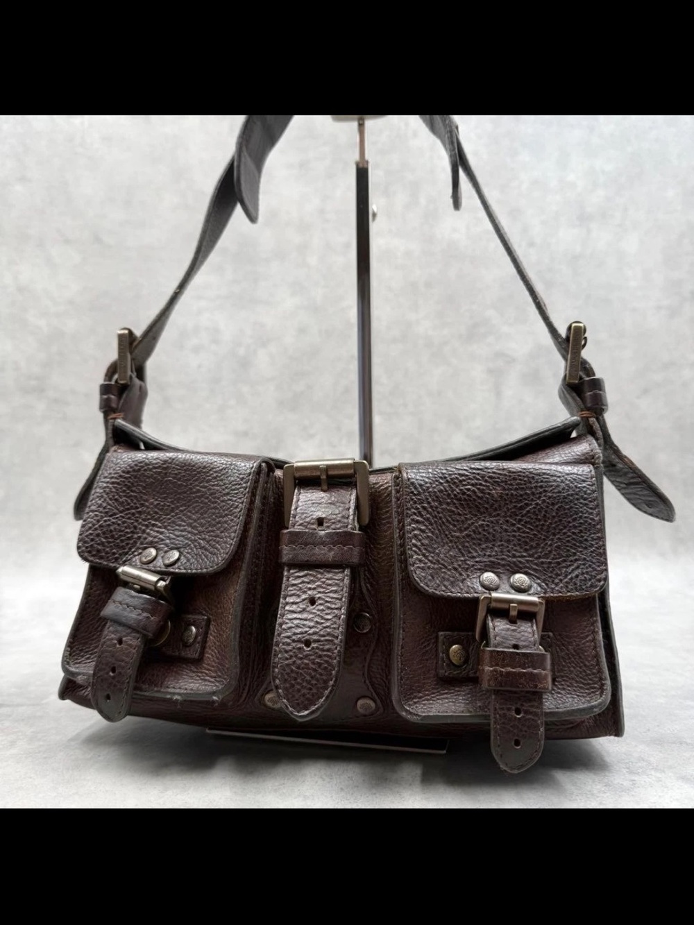 Mulberry Dark Brown Pebbled Leather Shoulder Bag with Buckle Pockets - Picture 1 of 15